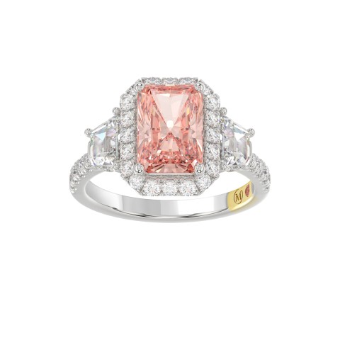 14K WHITE GOLD CRAFTED WITH 18K YELLOW GOLD SHANK 4 1/4CT ROUND/RADIANT/TRAPEZOID DIAMOND LADIES RING (CENTER STONE PINK RADIANT DIAMOND 3.00CT)