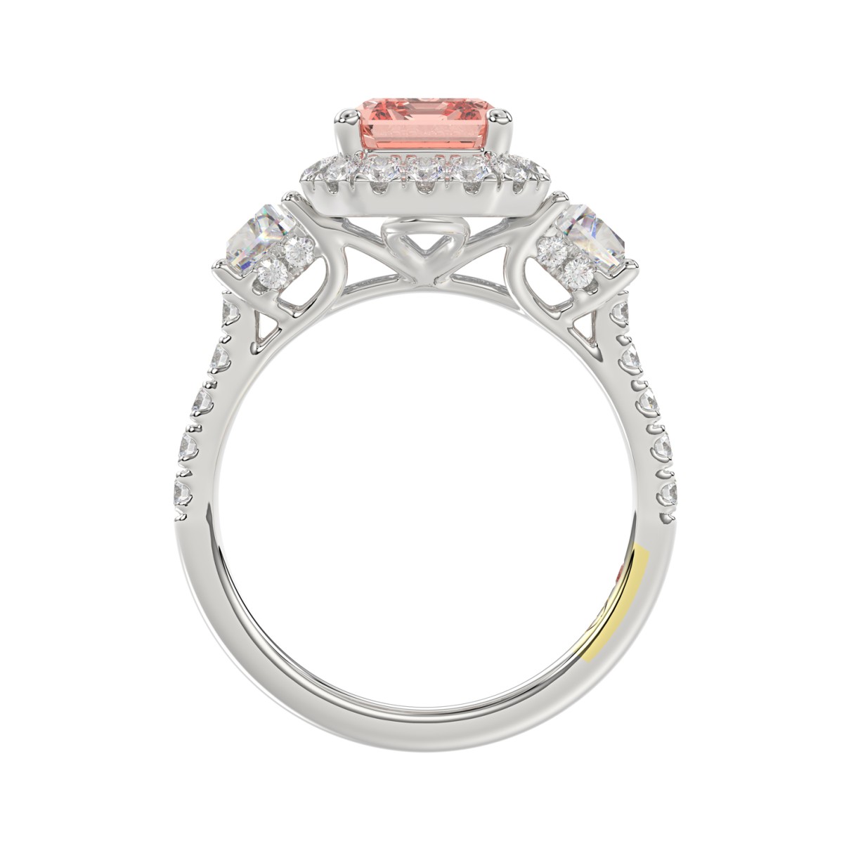 14K WHITE GOLD CRAFTED WITH 18K YELLOW GOLD SHANK 4 1/4CT ROUND/RADIANT/TRAPEZOID DIAMOND LADIES RING (CENTER STONE PINK RADIANT DIAMOND 3.00CT)