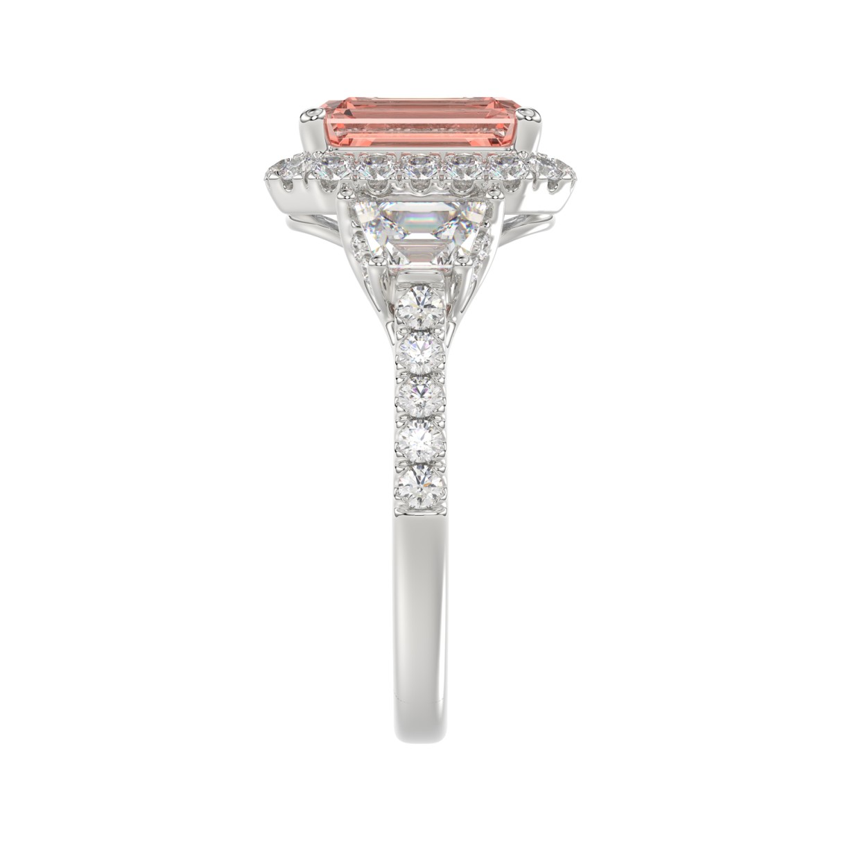 14K WHITE GOLD CRAFTED WITH 18K YELLOW GOLD SHANK 4 1/4CT ROUND/RADIANT/TRAPEZOID DIAMOND LADIES RING (CENTER STONE PINK RADIANT DIAMOND 3.00CT)