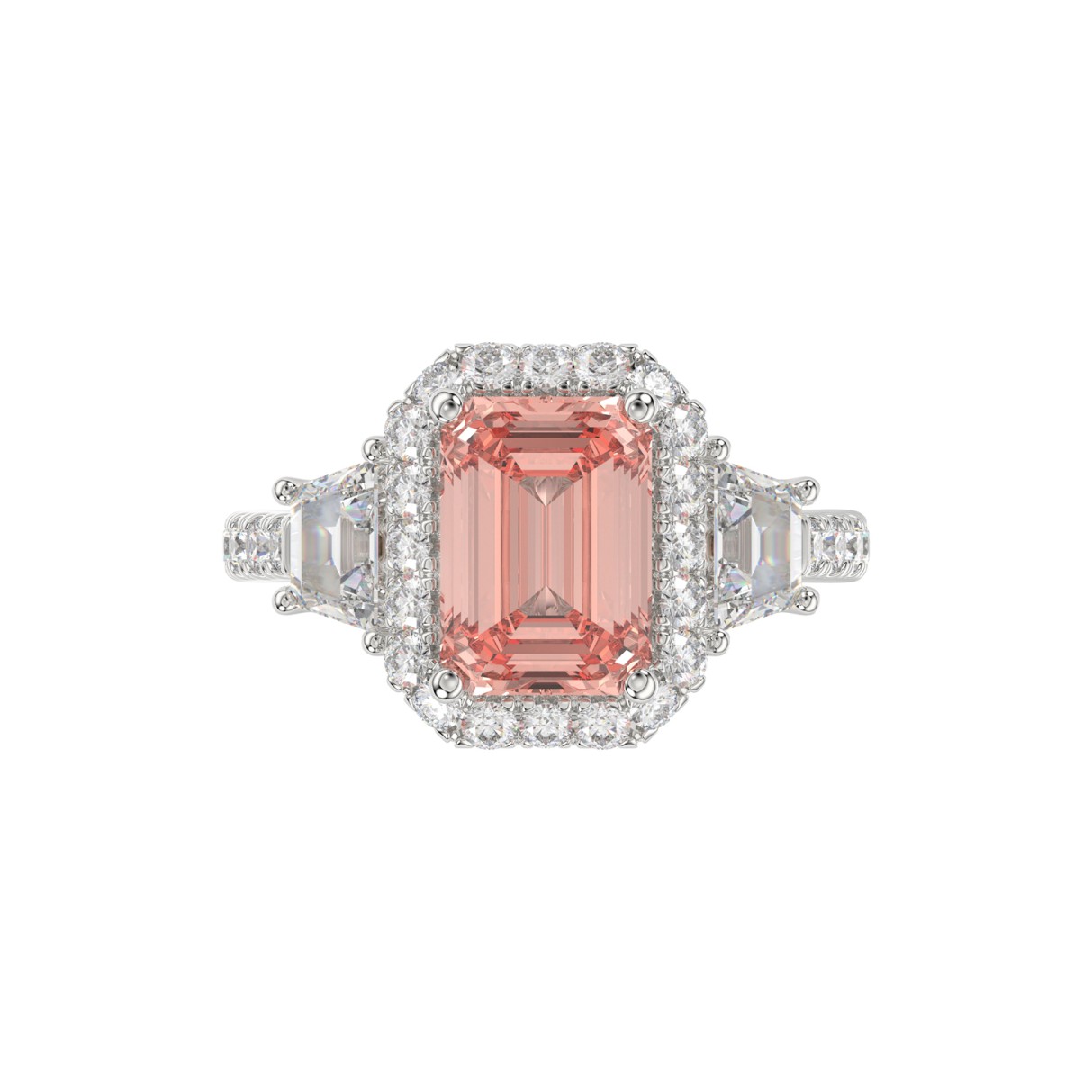 14K WHITE GOLD CRAFTED WITH 18K YELLOW GOLD SHANK 4 1/4CT ROUND/RADIANT/TRAPEZOID DIAMOND LADIES RING (CENTER STONE PINK RADIANT DIAMOND 3.00CT)