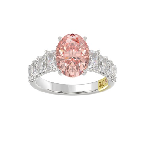 14K WHITE GOLD CRAFTED WITH 18K YELLOW GOLD SHANK 4 3/4CT ROUND/OVAL/RADIANT DIAMOND LADIES RING (CENTER STONE OVAL PINK DIAMOND 3.00CT)