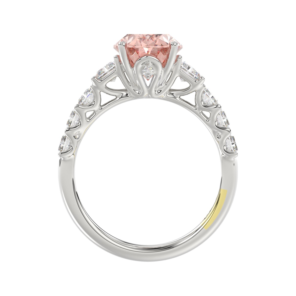 14K WHITE GOLD CRAFTED WITH 18K YELLOW GOLD SHANK 4 3/4CT ROUND/OVAL/RADIANT DIAMOND LADIES RING (CENTER STONE OVAL PINK DIAMOND 3.00CT)