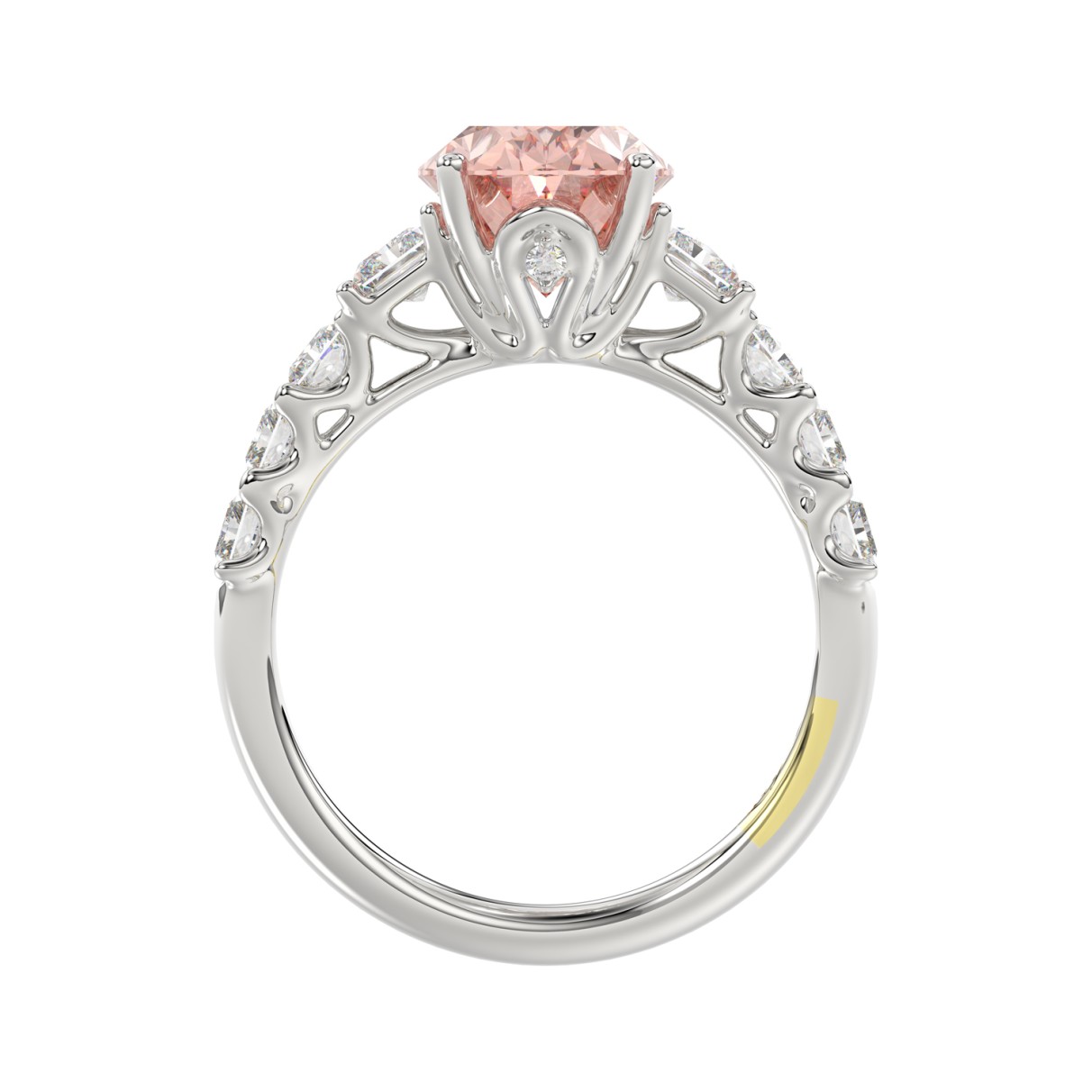 14K WHITE GOLD CRAFTED WITH 18K YELLOW GOLD SHANK 4 3/4CT ROUND/OVAL/RADIANT DIAMOND LADIES RING (CENTER STONE OVAL PINK DIAMOND 3.00CT)