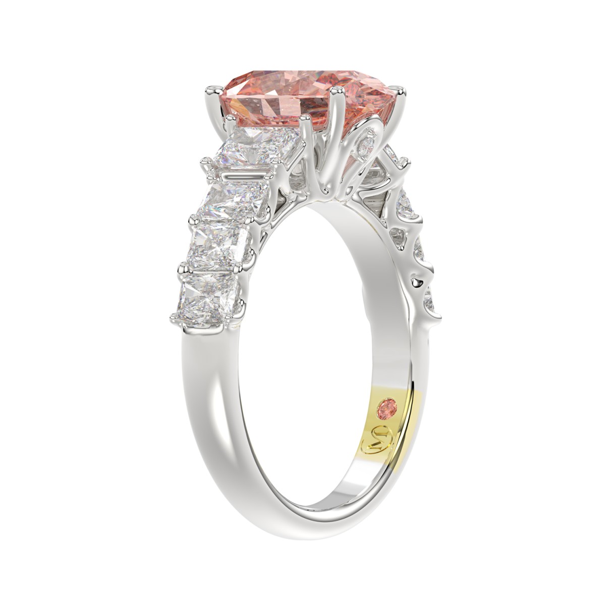 14K WHITE GOLD CRAFTED WITH 18K YELLOW GOLD SHANK 4 3/4CT ROUND/OVAL/RADIANT DIAMOND LADIES RING (CENTER STONE OVAL PINK DIAMOND 3.00CT)