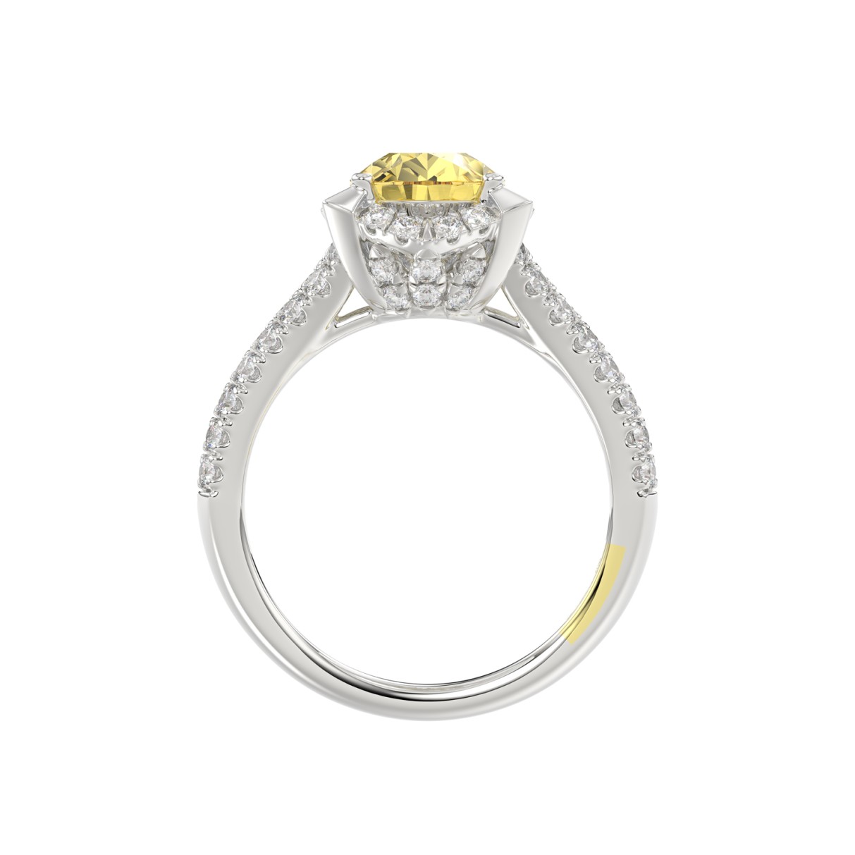 14K WHITE GOLD CRAFTED WITH 18K YELLOW GOLD SHANK 2 3/4CT ROUND/YELLOW PEAR DIAMOND LADIES RING (CENTER STONE YELLOW PEAR DIAMOND 2.00CT)