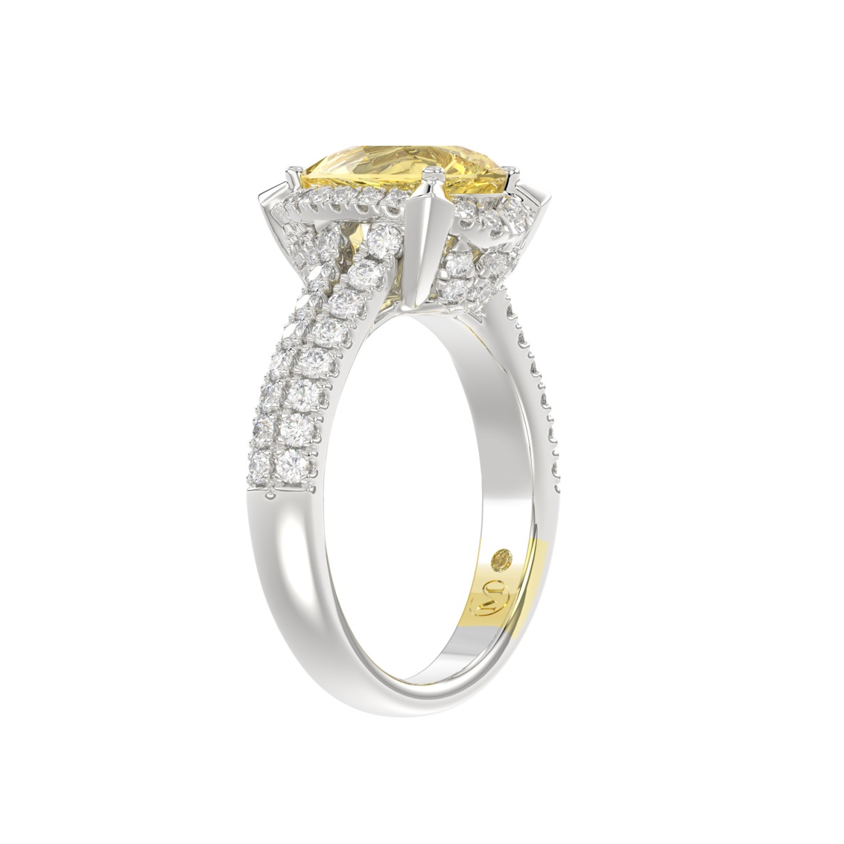 14K WHITE GOLD CRAFTED WITH 18K YELLOW GOLD SHANK 2 3/4CT ROUND/YELLOW PEAR DIAMOND LADIES RING (CENTER STONE YELLOW PEAR DIAMOND 2.00CT)