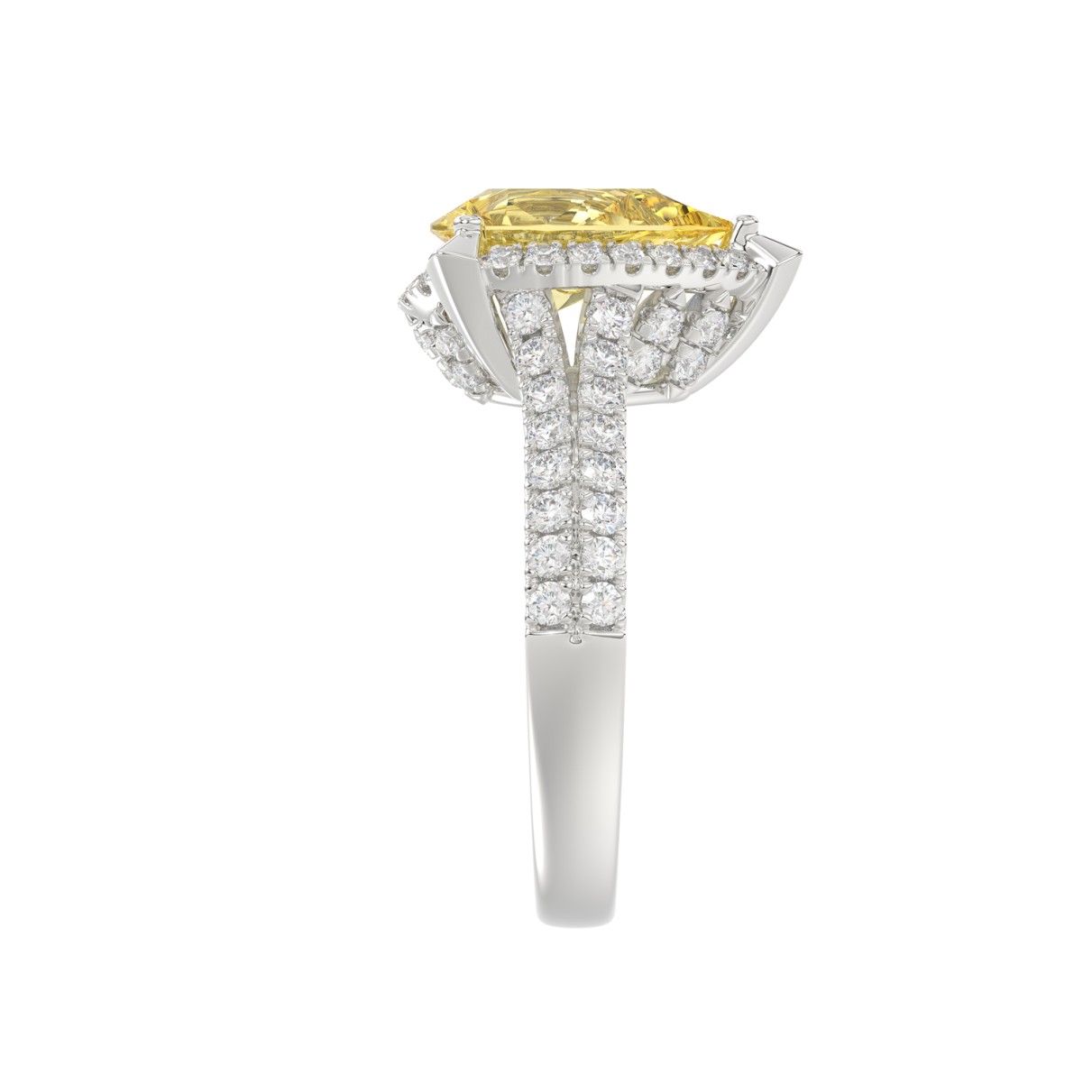 14K WHITE GOLD CRAFTED WITH 18K YELLOW GOLD SHANK 2 3/4CT ROUND/YELLOW PEAR DIAMOND LADIES RING (CENTER STONE YELLOW PEAR DIAMOND 2.00CT)