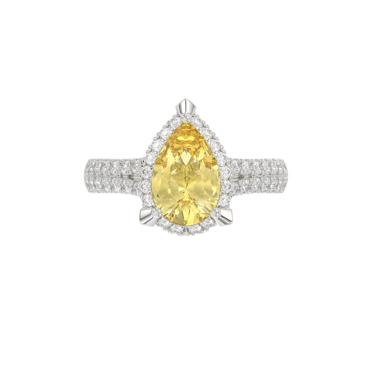 14K WHITE GOLD CRAFTED WITH 18K YELLOW GOLD SHANK 2 3/4CT ROUND/YELLOW PEAR DIAMOND LADIES RING (CENTER STONE YELLOW PEAR DIAMOND 2.00CT)