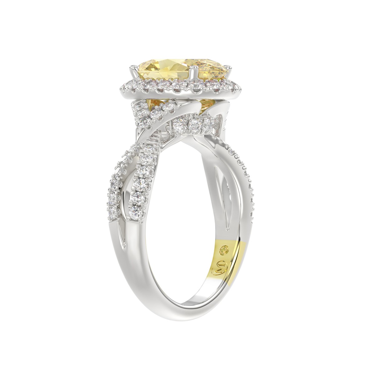 14K WHITE GOLD CRAFTED WITH 18K YELLOW GOLD SHANK 4 1/2CT ROUND/YELLOW OVAL DIMAOND LADIES RING (CENTER STONE YELLOW OVAL  DIAMOND 2.00CT)