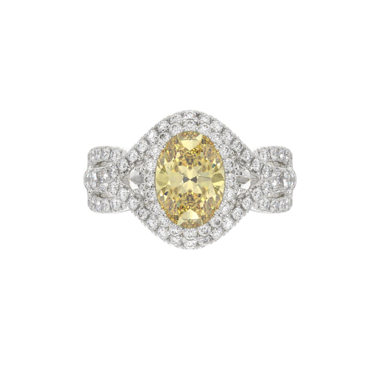 14K WHITE GOLD CRAFTED WITH 18K YELLOW GOLD SHANK 3 1/4CT ROUND/YELLOW OVAL DIMAOND LADIES RING (CENTER STONE YELLOW OVAL  DIAMOND 2.00CT)