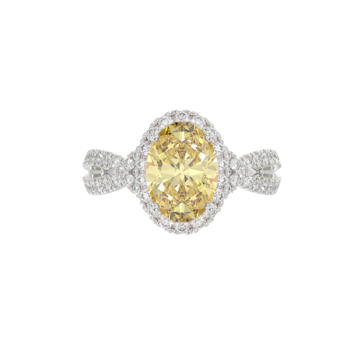 14K WHITE GOLD CRAFTED WITH 18K YELLOW GOLD SHANK 4 1/2CT ROUND/YELLOW OVAL DIMAOND LADIES RING (CENTER STONE YELLOW OVAL  DIAMOND 2.00CT)