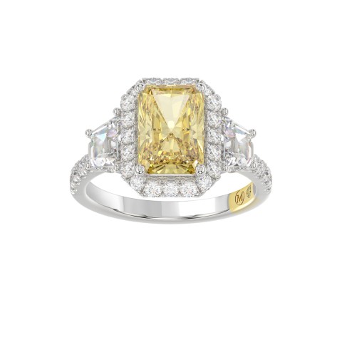 14K WHITE GOLD CRAFTED WITH 18K YELLOW GOLD SHANK 4 1/4CT ROUND/TRAPEZOID/RADIANT DIAMOND LADIES RING (CENTER STONE YELLOW RADIANT DIAMOND 3.00CT)