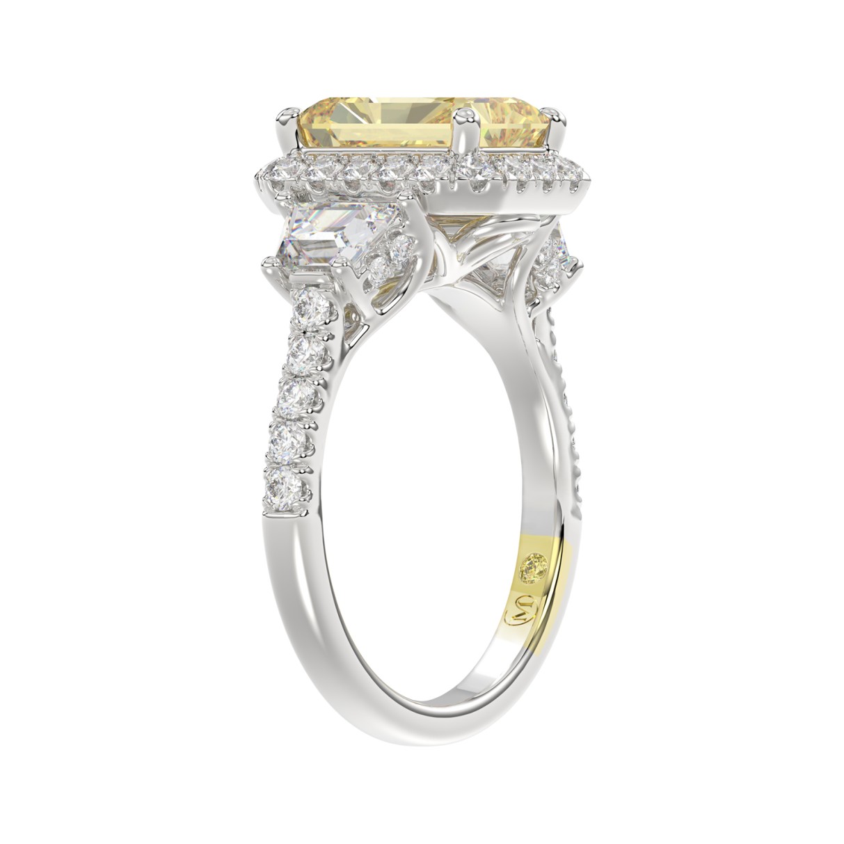 14K WHITE GOLD CRAFTED WITH 18K YELLOW GOLD SHANK 4 1/4CT ROUND/TRAPEZOID/RADIANT DIAMOND LADIES RING (CENTER STONE YELLOW RADIANT DIAMOND 3.00CT)