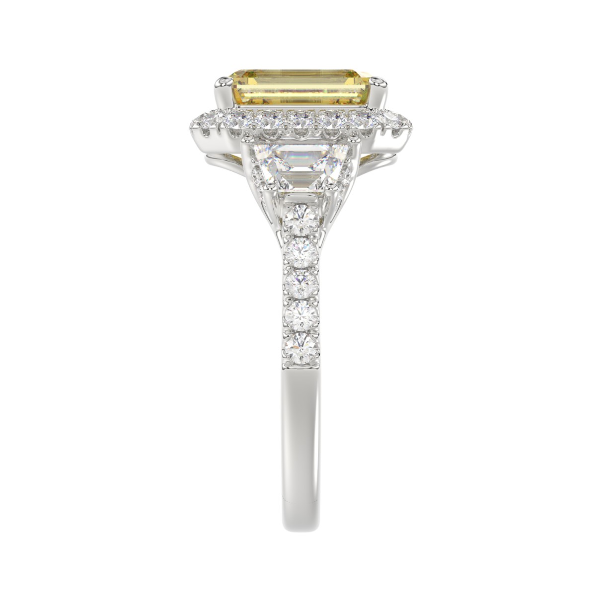 14K WHITE GOLD CRAFTED WITH 18K YELLOW GOLD SHANK 4 1/4CT ROUND/TRAPEZOID/RADIANT DIAMOND LADIES RING (CENTER STONE YELLOW RADIANT DIAMOND 3.00CT)