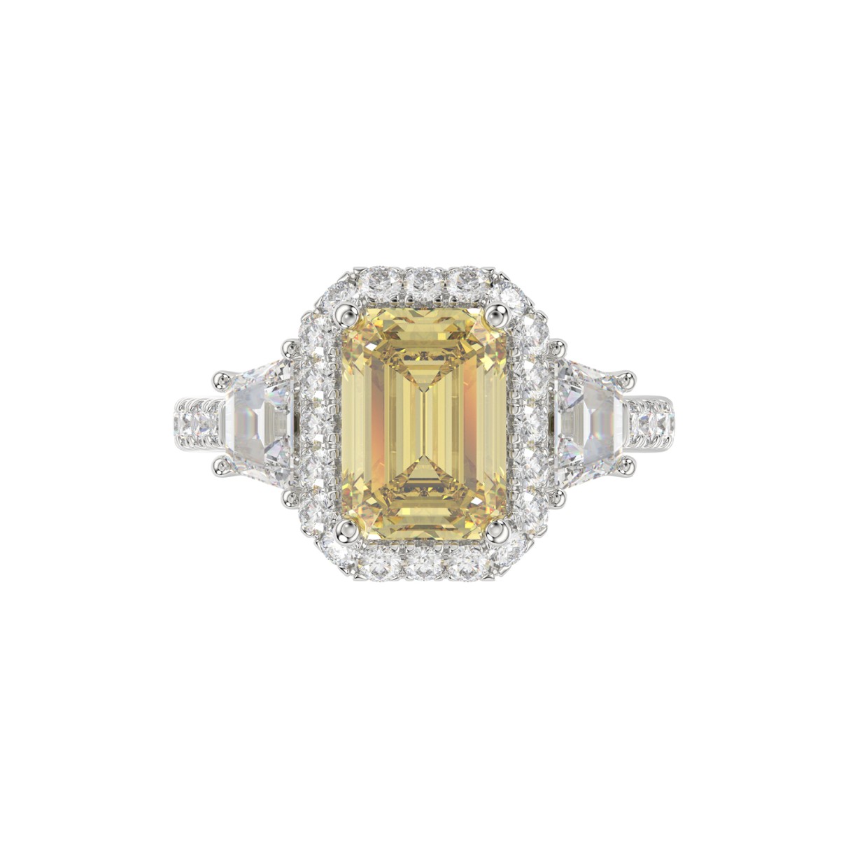 14K WHITE GOLD CRAFTED WITH 18K YELLOW GOLD SHANK 4 1/4CT ROUND/TRAPEZOID/RADIANT DIAMOND LADIES RING (CENTER STONE YELLOW RADIANT DIAMOND 3.00CT)