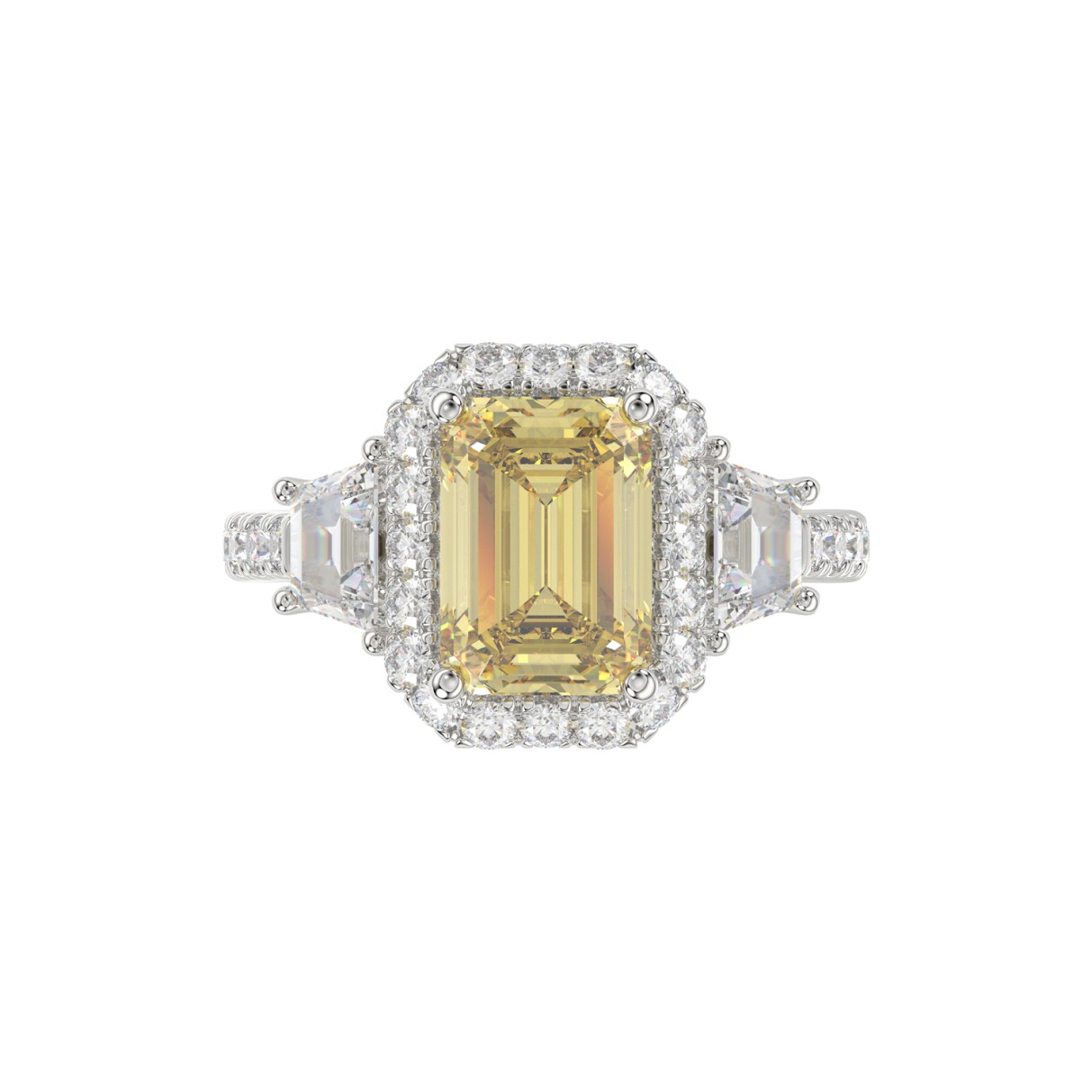 14K WHITE GOLD CRAFTED WITH 18K YELLOW GOLD SHANK 4 1/4CT ROUND/TRAPEZOID/RADIANT DIAMOND LADIES RING (CENTER STONE YELLOW RADIANT DIAMOND 3.00CT)