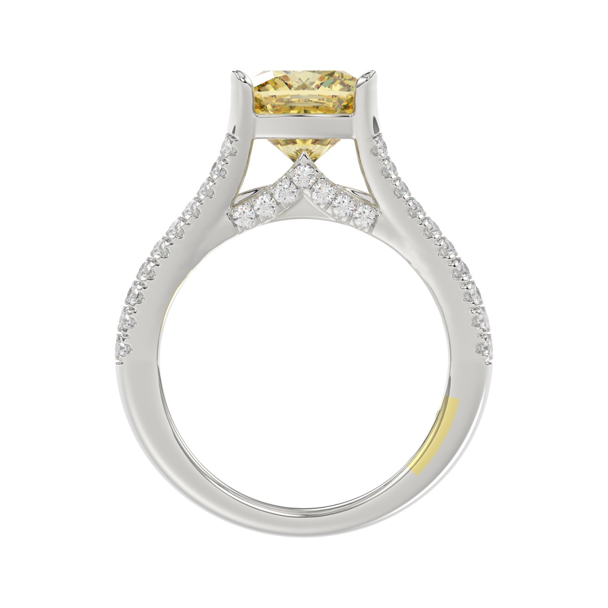 14K WHITE GOLD CRAFTED WITH 18K YELLOW GOLD SHANK 4 1/2CT ROUND/PRINCESS/CUSHION DIAMOND LADIES RING (CENTER STONE YELLOW CUSHION DIAMOND 3.00CT)