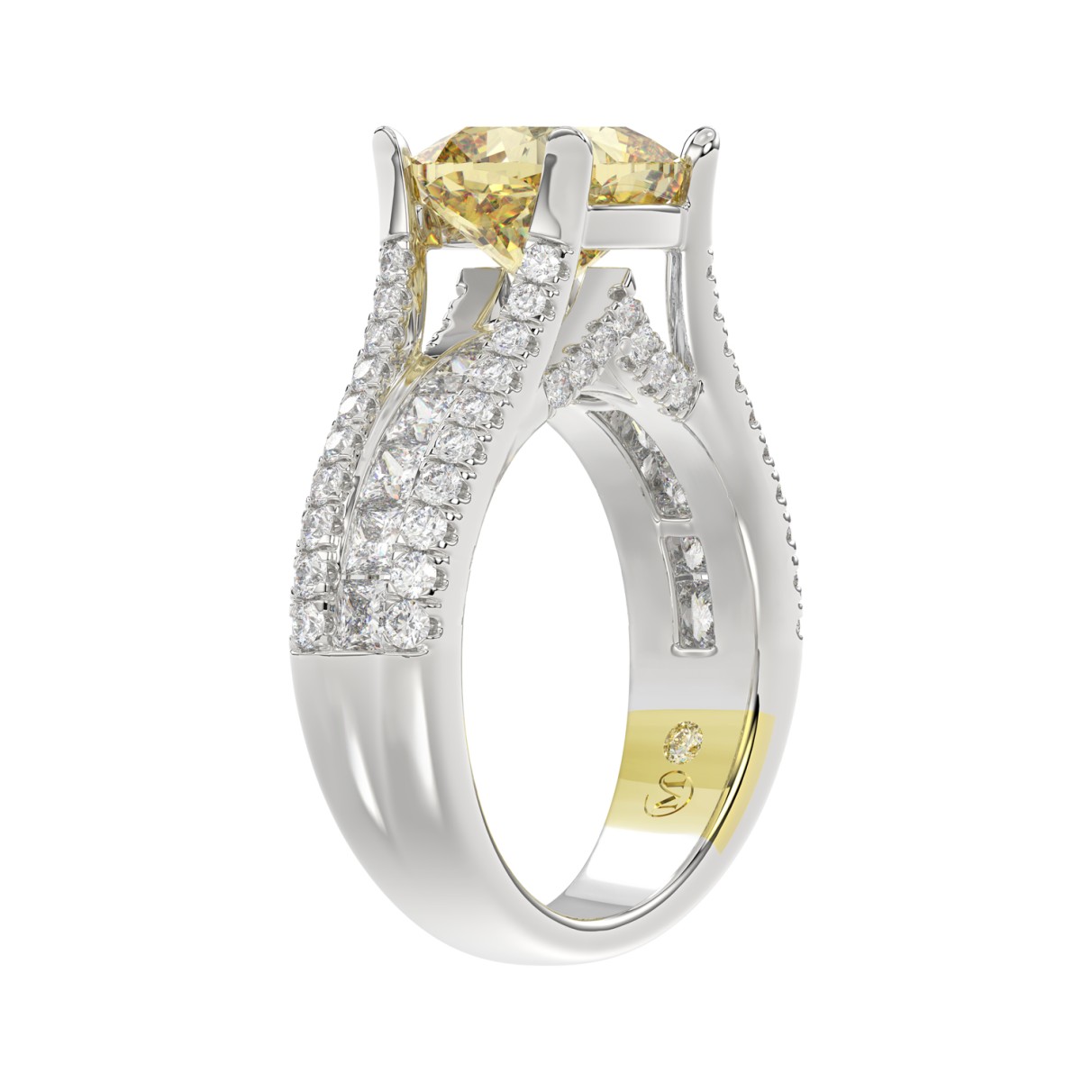 14K WHITE GOLD CRAFTED WITH 18K YELLOW GOLD SHANK 4 1/2CT ROUND/PRINCESS/CUSHION DIAMOND LADIES RING (CENTER STONE YELLOW CUSHION DIAMOND 3.00CT)