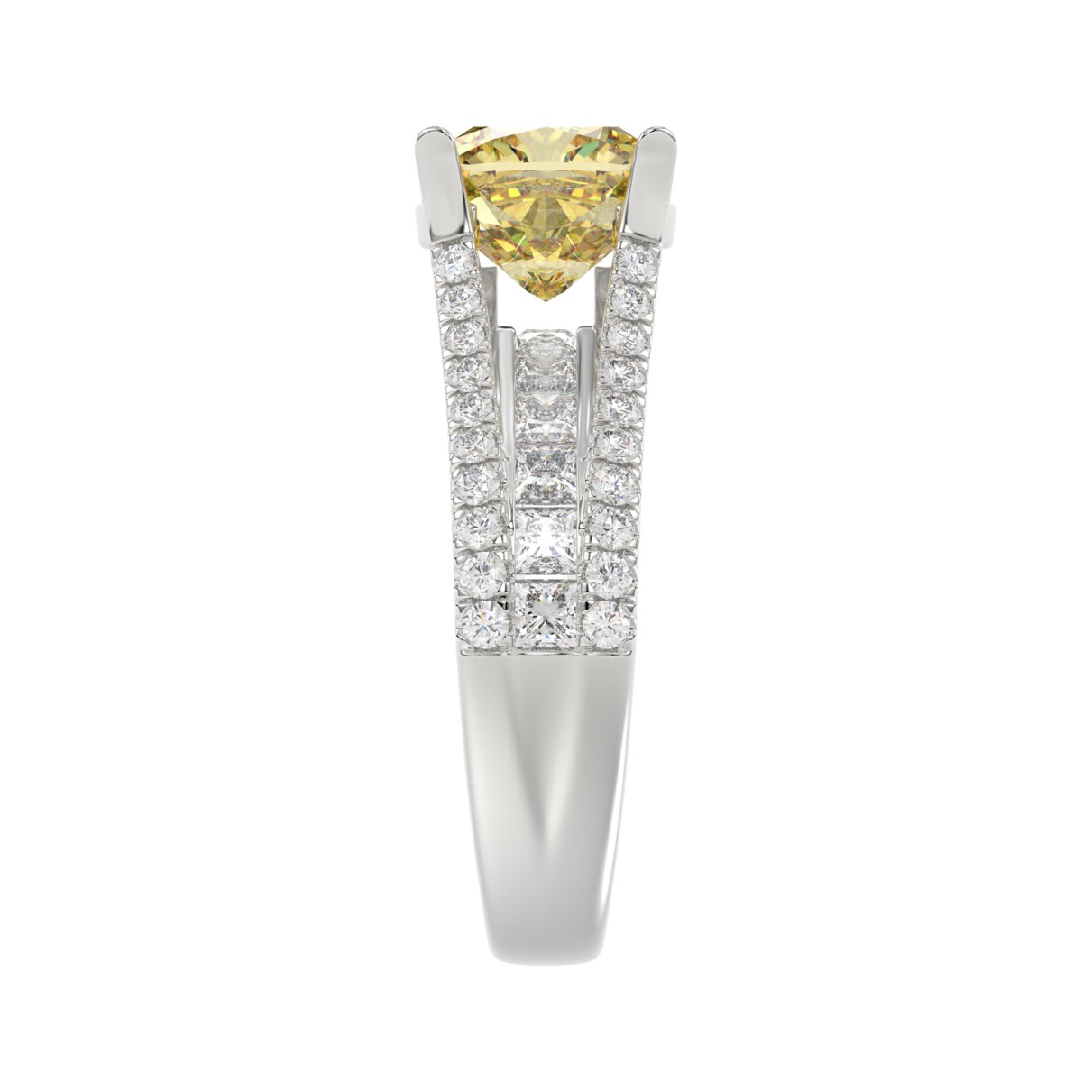 14K WHITE GOLD CRAFTED WITH 18K YELLOW GOLD SHANK 4 1/2CT ROUND/PRINCESS/CUSHION DIAMOND LADIES RING (CENTER STONE YELLOW CUSHION DIAMOND 3.00CT)