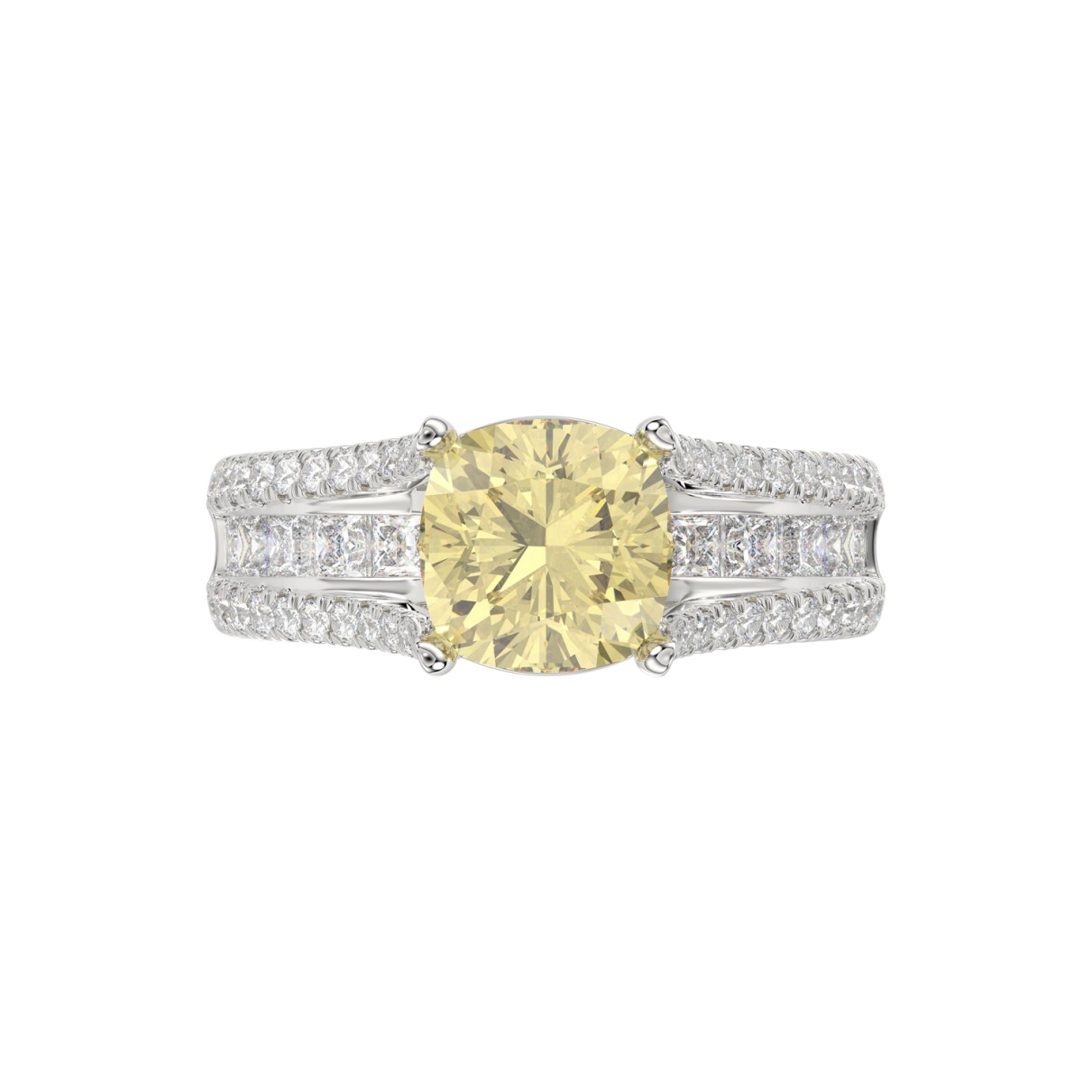 14K WHITE GOLD CRAFTED WITH 18K YELLOW GOLD SHANK 4 1/2CT ROUND/PRINCESS/CUSHION DIAMOND LADIES RING (CENTER STONE YELLOW CUSHION DIAMOND 3.00CT)