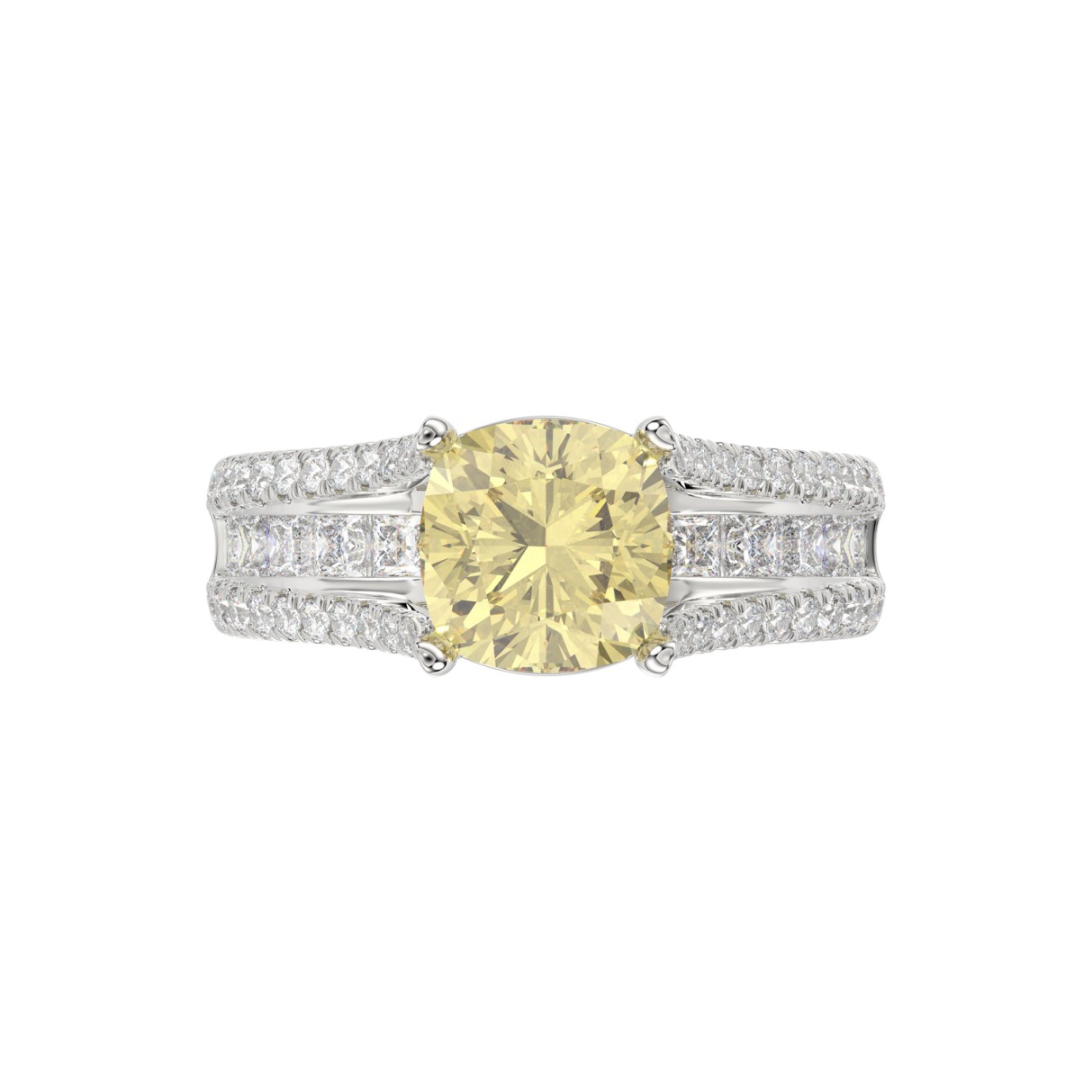 14K WHITE GOLD CRAFTED WITH 18K YELLOW GOLD SHANK 4 1/2CT ROUND/PRINCESS/CUSHION DIAMOND LADIES RING (CENTER STONE YELLOW CUSHION DIAMOND 3.00CT)