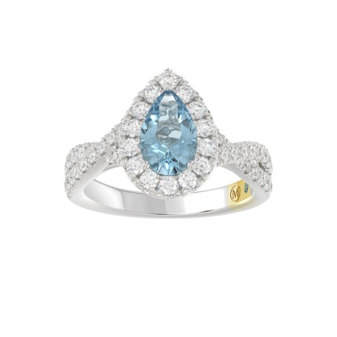 14K WHITE GOLD CRAFTED WITH 18K YELLOW GOLD SHANK 1 3/4CT ROUND/PEAR DIAMOND LADIES RING (CENTER STONE BLUE SAPPHIRE PEAR DIAMOND 1.00CT)