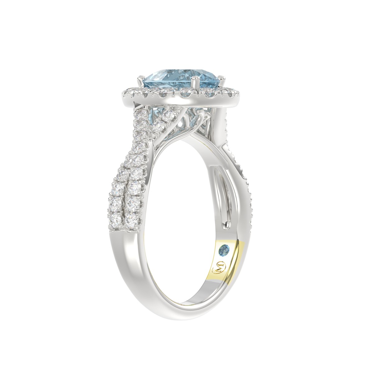 14K WHITE GOLD CRAFTED WITH 18K YELLOW GOLD SHANK 1 3/4CT ROUND/PEAR DIAMOND LADIES RING (CENTER STONE BLUE SAPPHIRE PEAR DIAMOND 1.00CT)