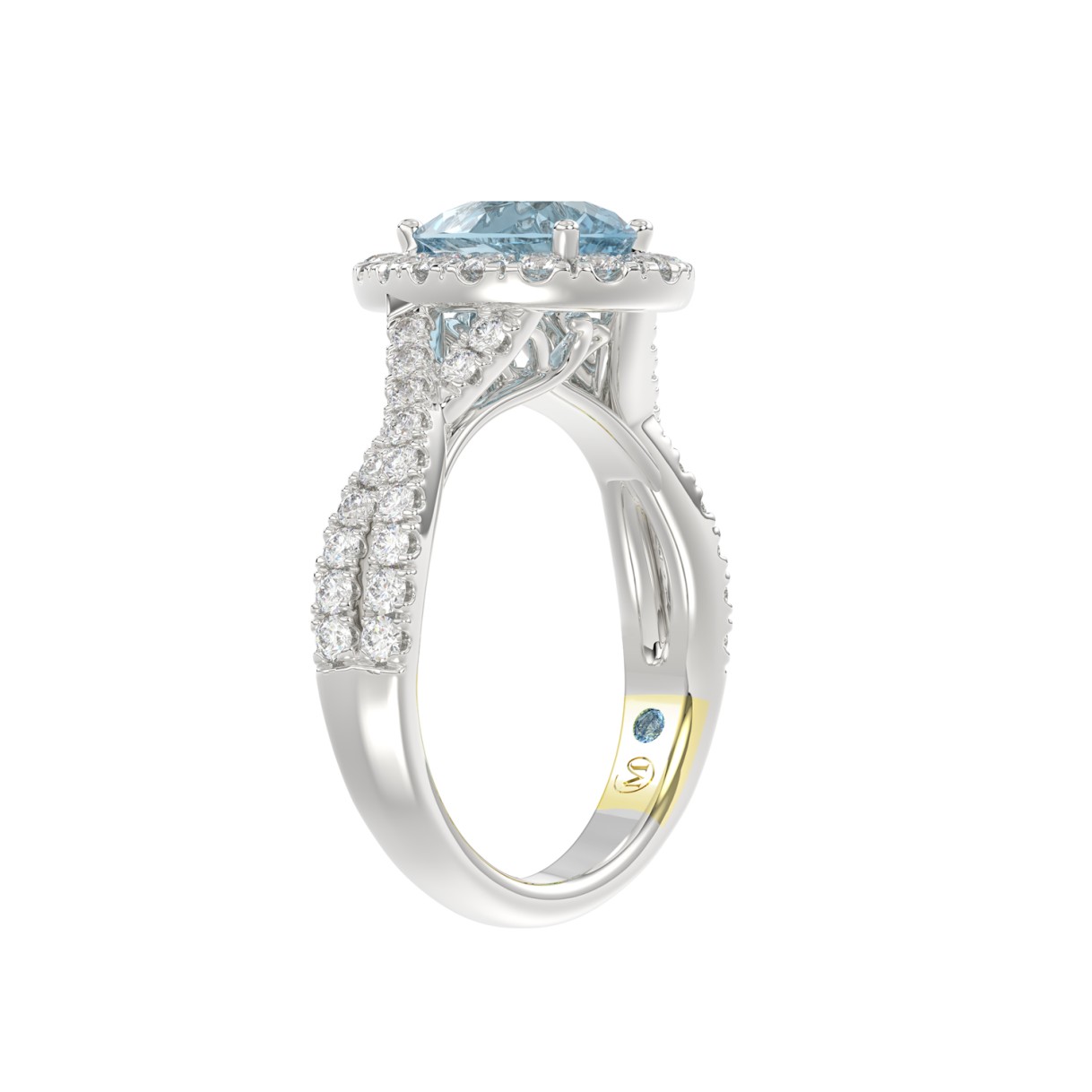 14K WHITE GOLD CRAFTED WITH 18K YELLOW GOLD SHANK 1 3/4CT ROUND/PEAR DIAMOND LADIES RING (CENTER STONE BLUE PEAR DIAMOND 1.00CT)