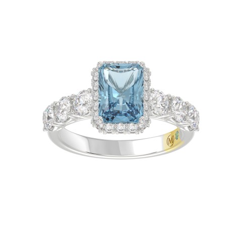 14K WHITE GOLD CRAFTED WITH 18K YELLOW GOLD SHANK 3 1/2CT ROUND/RADIANT DIAMOND LADIES RING (CENTER STONE RADIANT BLUE DIAMOND 2.00CT)