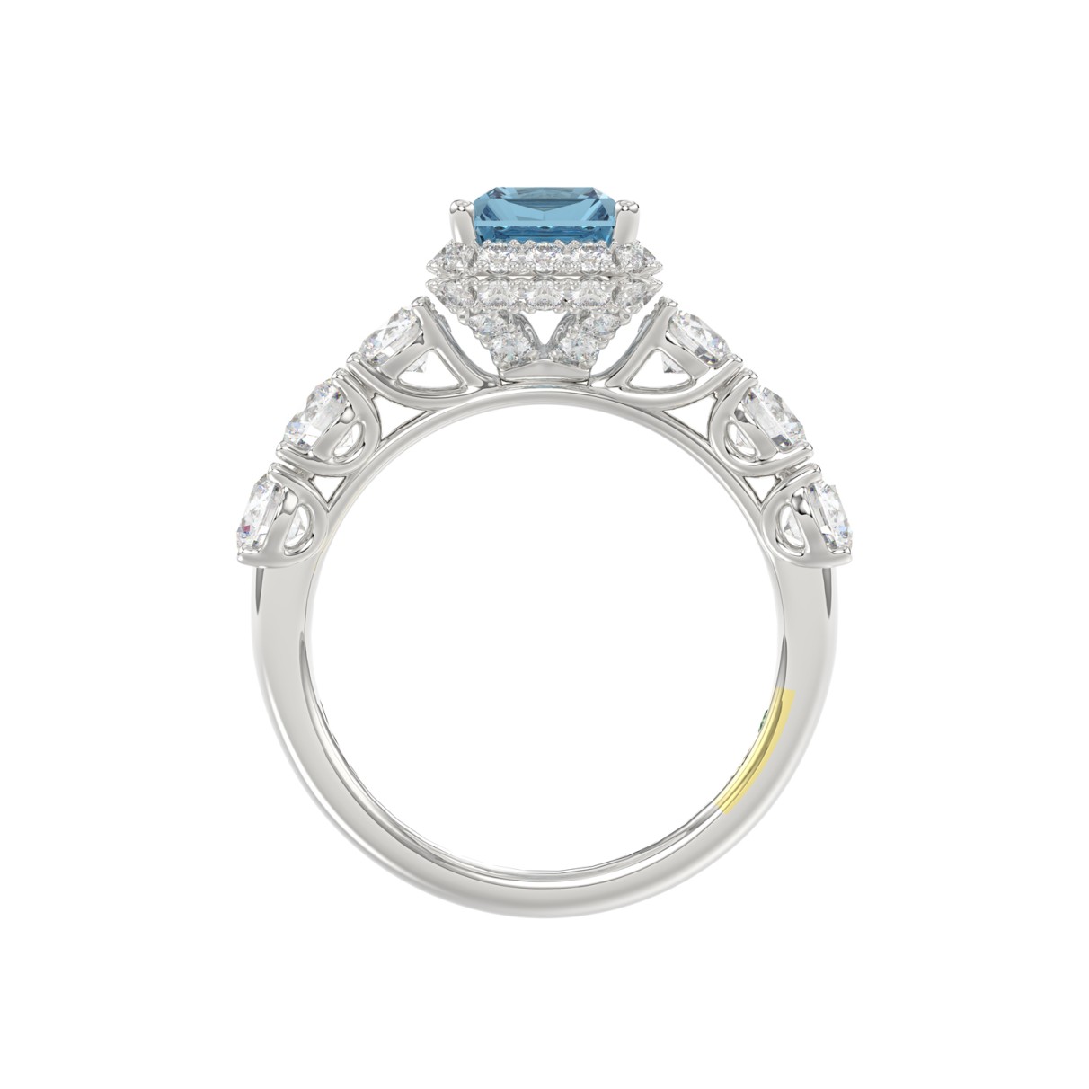 14K WHITE GOLD CRAFTED WITH 18K YELLOW GOLD SHANK 3 1/2CT ROUND/RADIANT DIAMOND LADIES RING (CENTER STONE RADIANT BLUE DIAMOND 2.00CT)