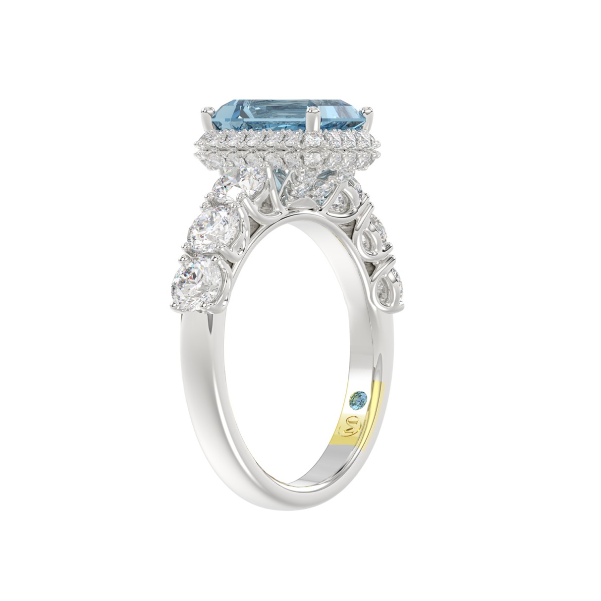 14K WHITE GOLD CRAFTED WITH 18K YELLOW GOLD SHANK 3 1/2CT ROUND/RADIANT DIAMOND LADIES RING (CENTER STONE RADIANT BLUE DIAMOND 2.00CT)