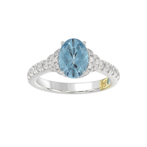 14K WHITE GOLD CRAFTED WITH 18K YELLOW GOLD SHANK 2 3/4CT ROUND/OVAL BLUE DIAMOND LADIES RING (CENTER STONE OVAL BLUE DIAMOND 2.00CT)