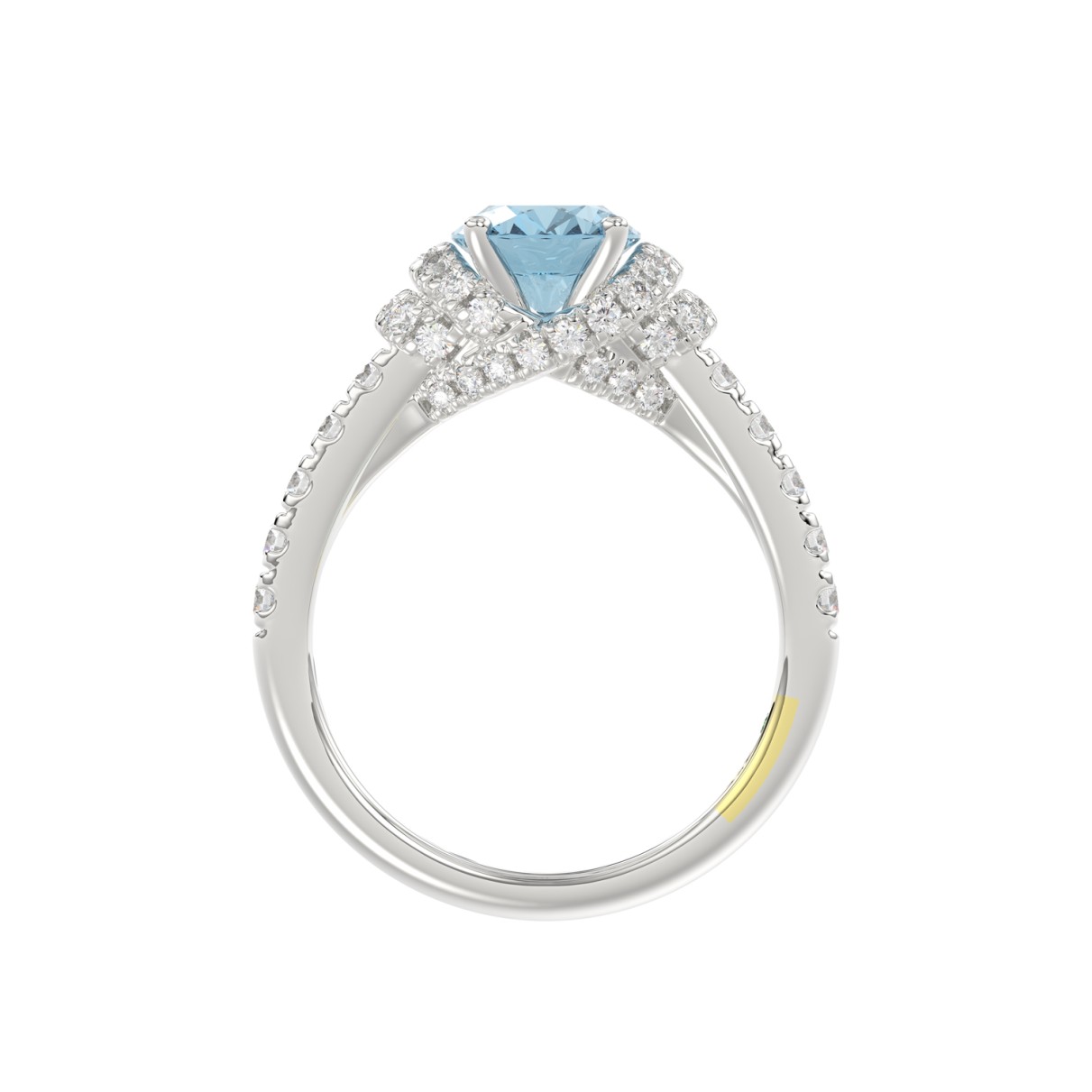 14K WHITE GOLD CRAFTED WITH 18K YELLOW GOLD SHANK 2 3/4CT ROUND/OVAL BLUE DIAMOND LADIES RING (CENTER STONE OVAL BLUE DIAMOND 2.00CT)