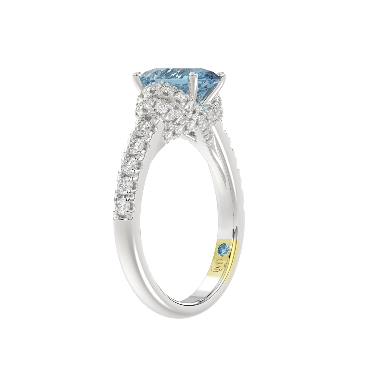 14K WHITE GOLD CRAFTED WITH 18K YELLOW GOLD SHANK 2 3/4CT ROUND/OVAL BLUE DIAMOND LADIES RING (CENTER STONE OVAL BLUE DIAMOND 2.00CT)