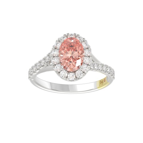 14K WHITE GOLD CRAFTED WITH 18K YELLOW GOLD SHANK 1 1/2CT ROUND/OVAL DIAMOND LADIES RING (CENTER STONE OVAL PINK DIAMOND 1.00CT)