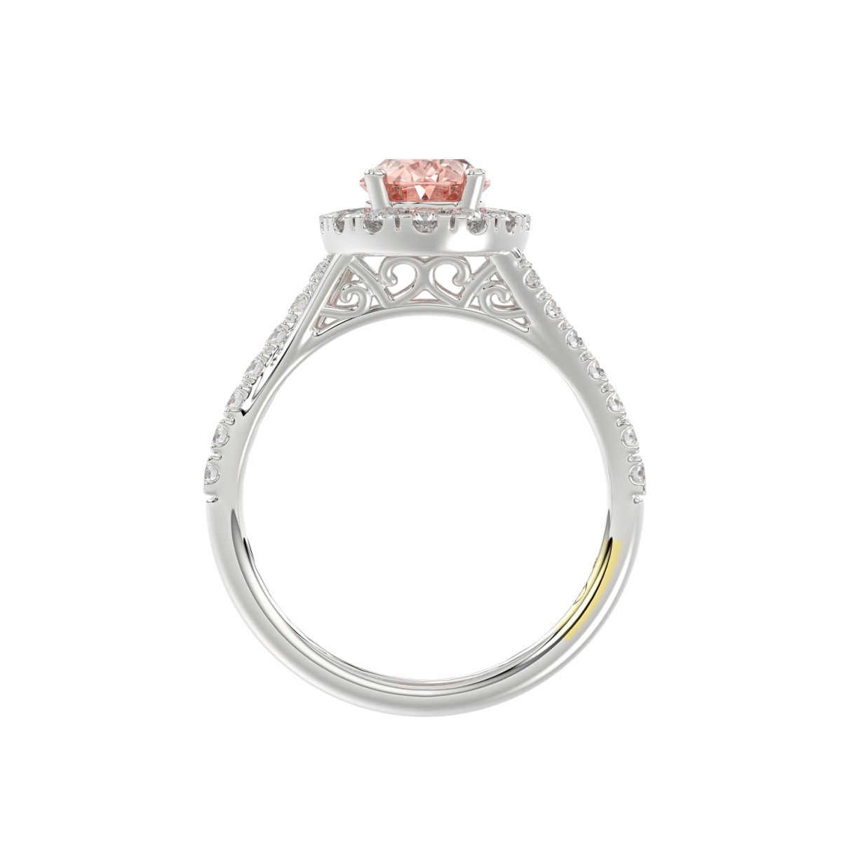 14K WHITE GOLD CRAFTED WITH 18K YELLOW GOLD SHANK 1 1/2CT ROUND/OVAL DIAMOND LADIES RING (CENTER STONE OVAL PINK DIAMOND 1.00CT)