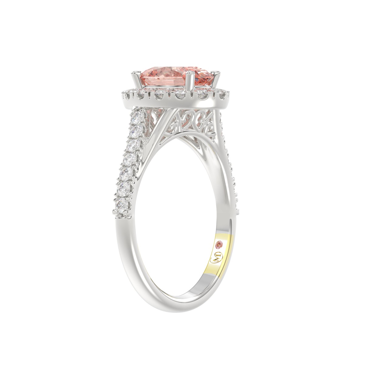 14K WHITE GOLD CRAFTED WITH 18K YELLOW GOLD SHANK 1 1/2CT ROUND/OVAL DIAMOND LADIES RING (CENTER STONE OVAL PINK DIAMOND 1.00CT)