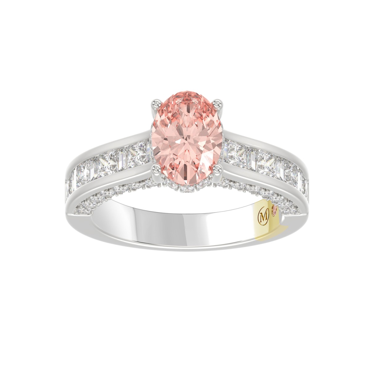 14K WHITE GOLD CRAFTED WITH 18K YELLOW GOLD SHANK 2 3/4CT ROUND/OVAL/PRINCESS/BAGUETTE DIAMOND LADIES RING (CENTER STONE PINK OVAL DIAMOND 1 1/2CT)