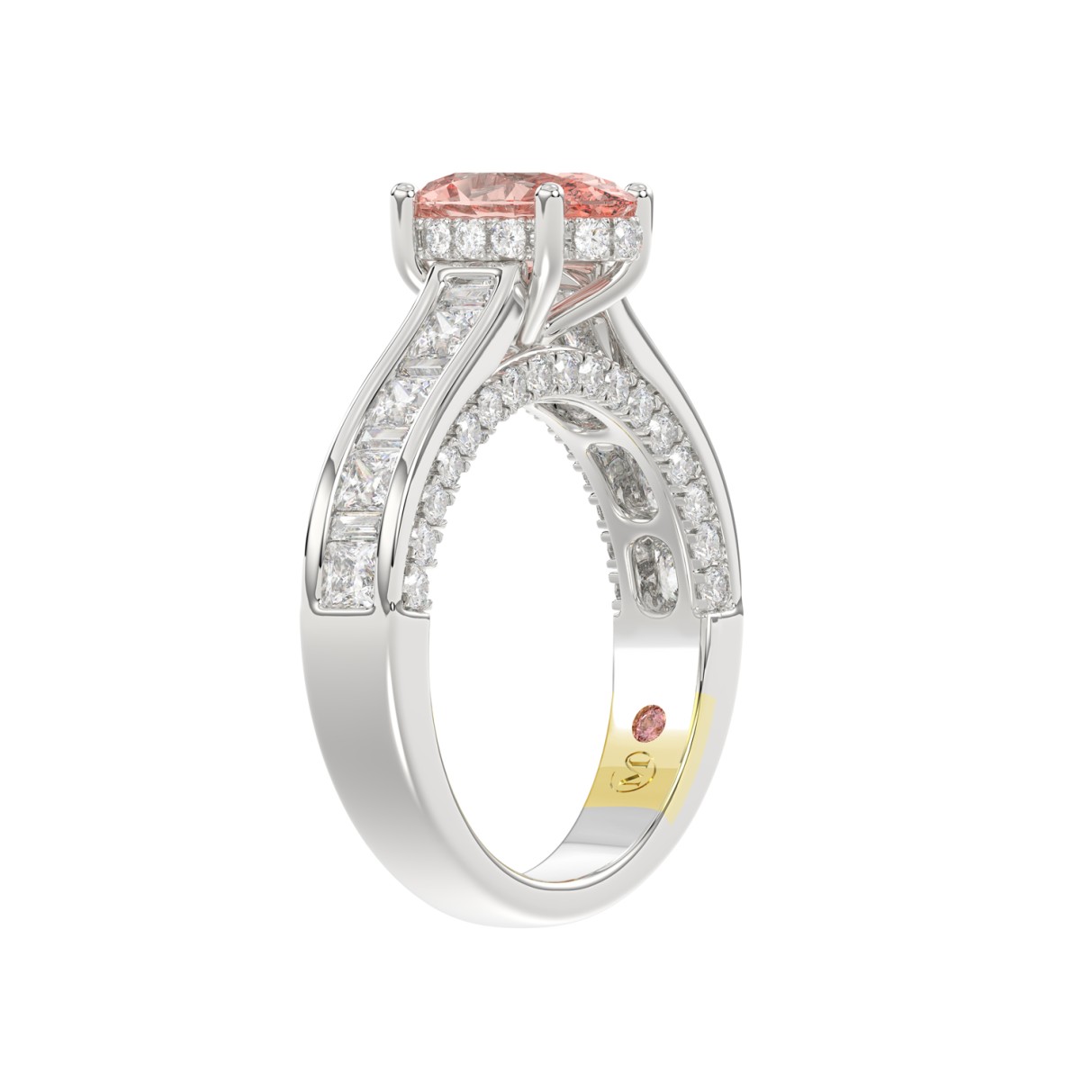 14K WHITE GOLD CRAFTED WITH 18K YELLOW GOLD SHANK 2 3/4CT ROUND/OVAL/PRINCESS/BAGUETTE DIAMOND LADIES RING (CENTER STONE PINK OVAL DIAMOND 1 1/2CT)