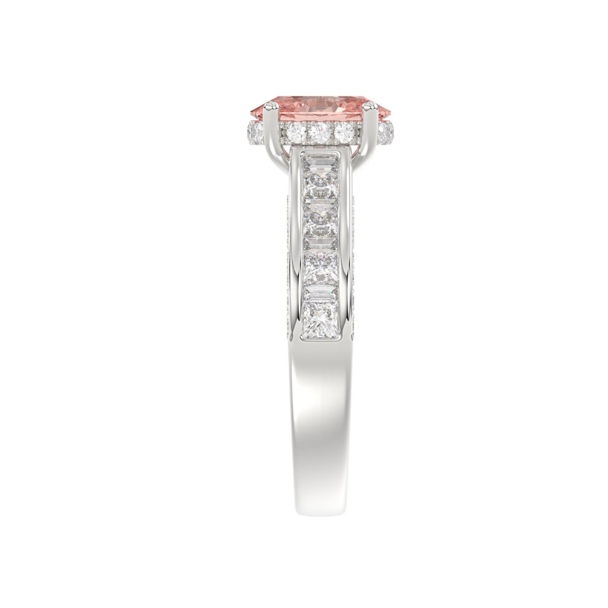 14K WHITE GOLD CRAFTED WITH 18K YELLOW GOLD SHANK 2 3/4CT ROUND/OVAL/PRINCESS/BAGUETTE DIAMOND LADIES RING (CENTER STONE PINK OVAL DIAMOND 1 1/2CT)