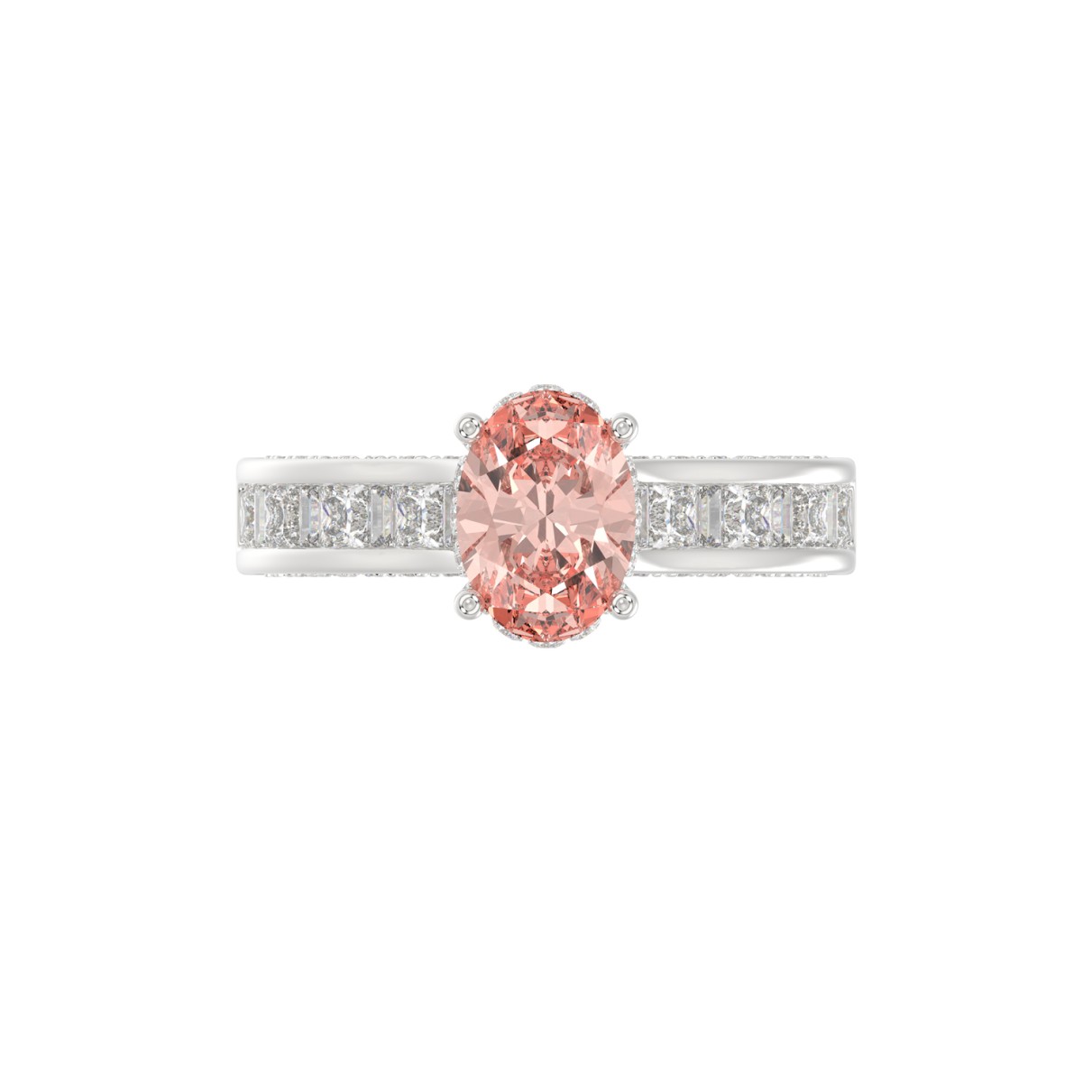 14K WHITE GOLD CRAFTED WITH 18K YELLOW GOLD SHANK 2 3/4CT ROUND/OVAL/PRINCESS/BAGUETTE DIAMOND LADIES RING (CENTER STONE PINK OVAL DIAMOND 1 1/2CT)