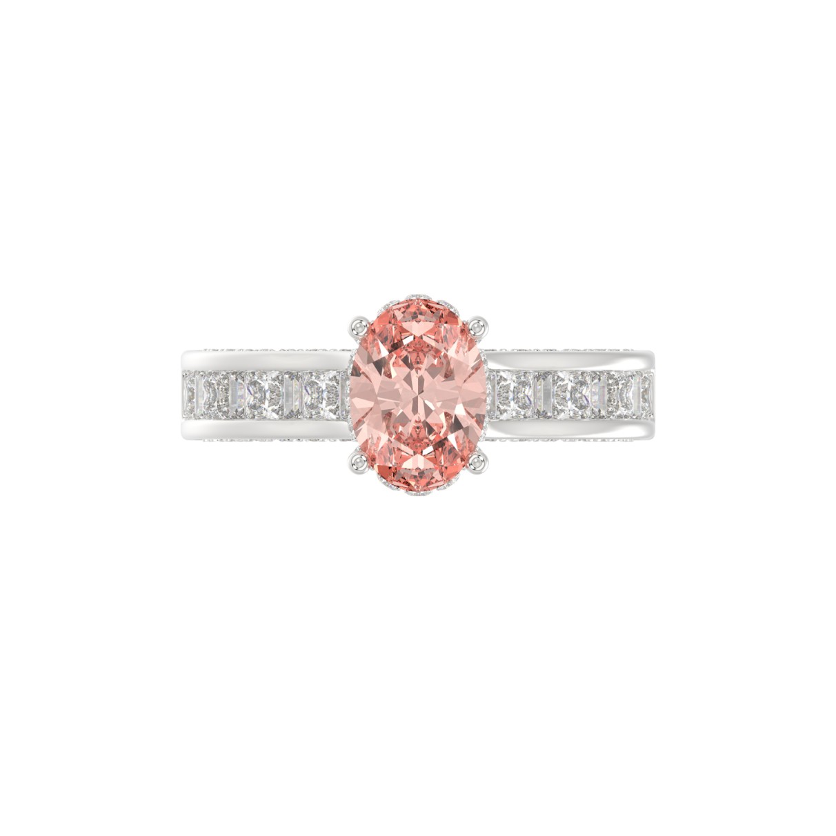 14K WHITE GOLD CRAFTED WITH 18K YELLOW GOLD SHANK 2 3/4CT ROUND/OVAL/PRINCESS/BAGUETTE DIAMOND LADIES RING (CENTER STONE PINK OVAL DIAMOND 1 1/2CT)