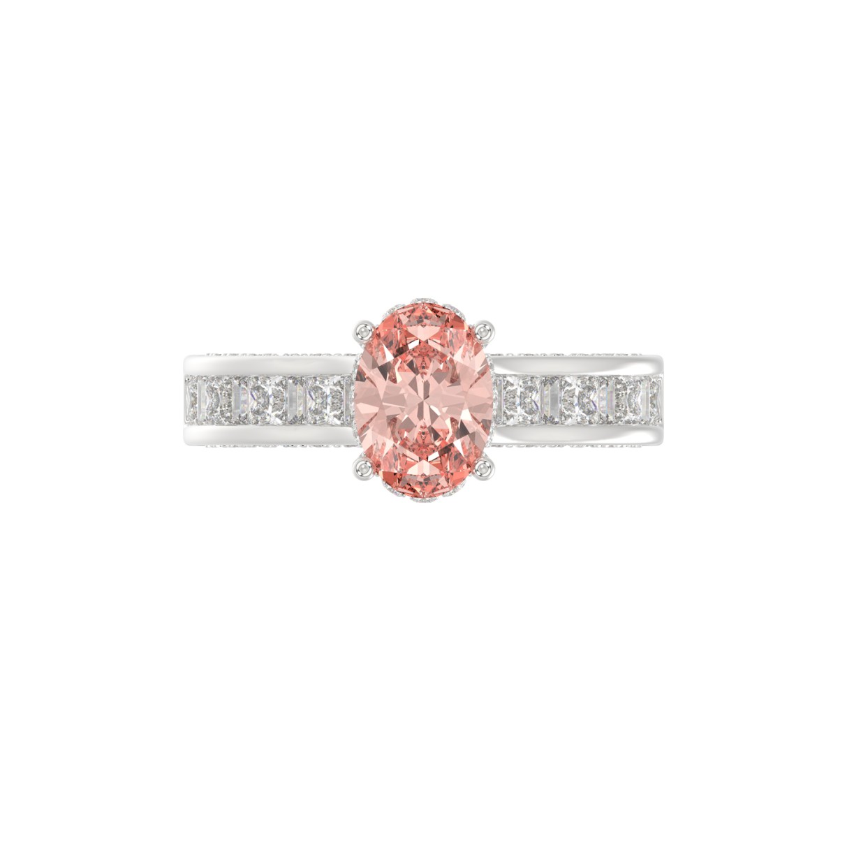 14K WHITE GOLD CRAFTED WITH 18K YELLOW GOLD SHANK 2 3/4CT ROUND/OVAL/PRINCESS/BAGUETTE DIAMOND LADIES RING (CENTER STONE PINK OVAL DIAMOND 1 1/2CT)