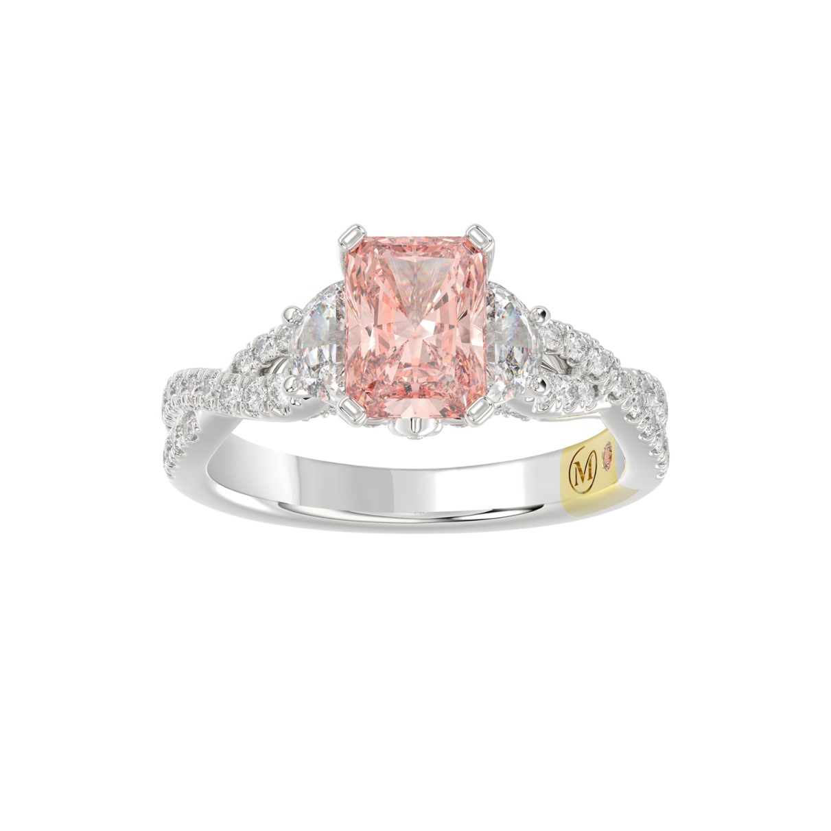 14K WHITE GOLD CRAFTED WITH 18K YELLOW GOLD SHANK 3.00CT ROUND/HALF MOON/EMERALD DIAMOND LADIES RING (CENTER STONE EMERALD PINK DIAMOND 2.00CT)