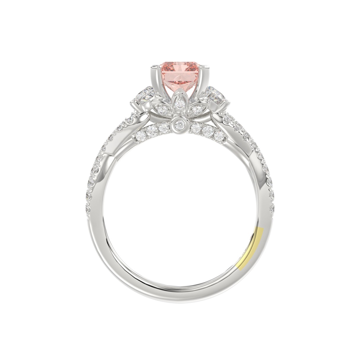 14K WHITE GOLD CRAFTED WITH 18K YELLOW GOLD SHANK 3.00CT ROUND/HALF MOON/EMERALD DIAMOND LADIES RING (CENTER STONE EMERALD PINK DIAMOND 2.00CT)