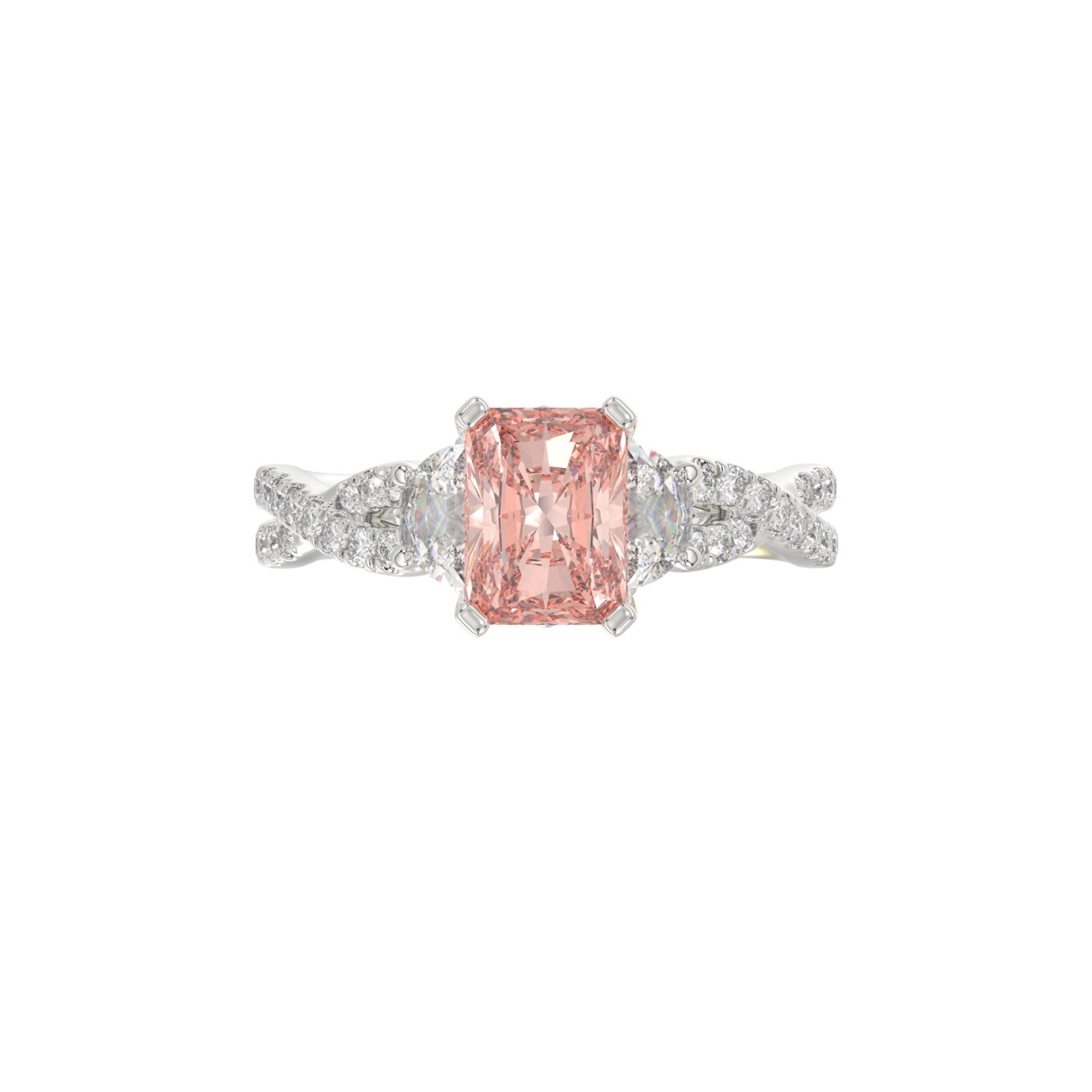 14K WHITE GOLD CRAFTED WITH 18K YELLOW GOLD SHANK 3.00CT ROUND/HALF MOON/EMERALD DIAMOND LADIES RING (CENTER STONE EMERALD PINK DIAMOND 2.00CT)