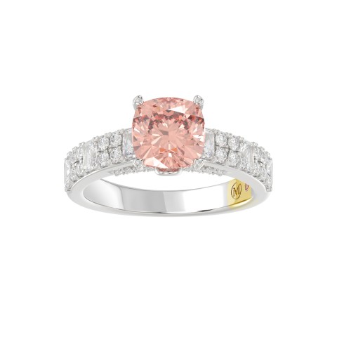 14K WHITE GOLD CRAFTED WITH 18K YELLOW GOLD SHANK 3.00CT ROUND/EMERALD DIAMOND LADIES RING (CENTER STONE CUSHION PINK DIAMOND 2.00CT)