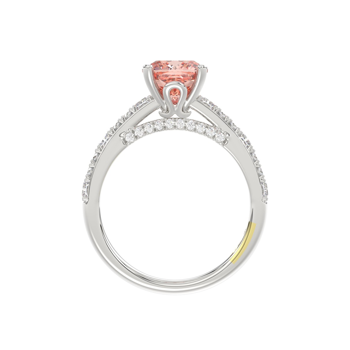 14K WHITE GOLD CRAFTED WITH 18K YELLOW GOLD SHANK 3.00CT ROUND/EMERALD DIAMOND LADIES RING (CENTER STONE CUSHION PINK DIAMOND 2.00CT)