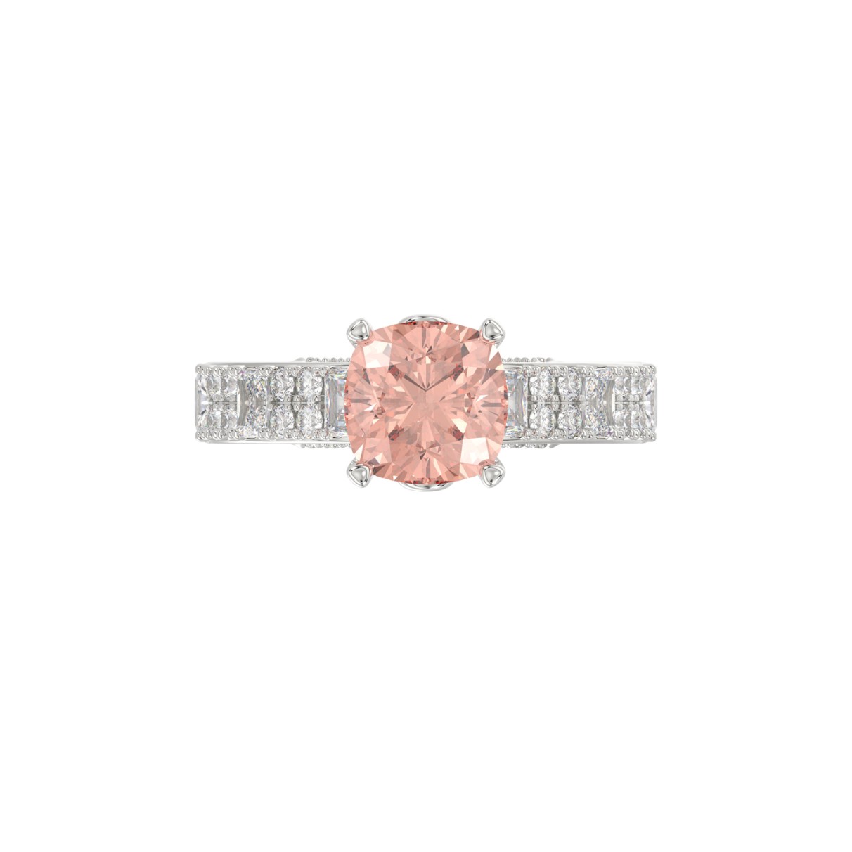 14K WHITE GOLD CRAFTED WITH 18K YELLOW GOLD SHANK 3.00CT ROUND/EMERALD DIAMOND LADIES RING (CENTER STONE CUSHION PINK DIAMOND 2.00CT)