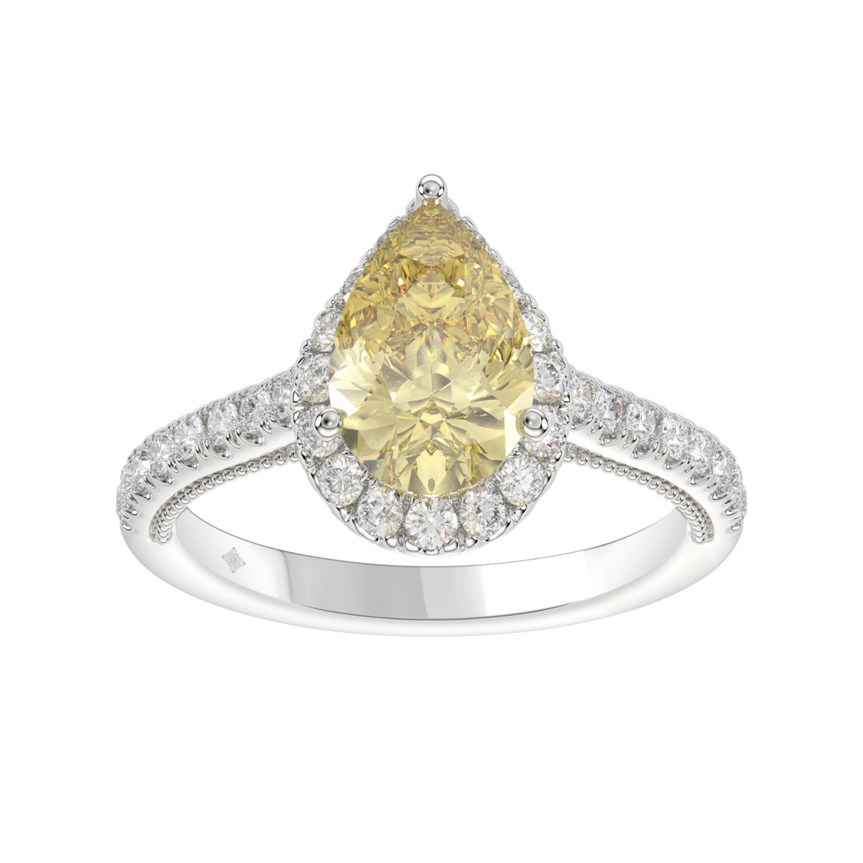 14K WHITE GOLD 2 1/2CT ROUND/PEAR DIAMOND LADIES RING (CENTER STONE YELLOW PEAR DIAMOND 1.00CT)